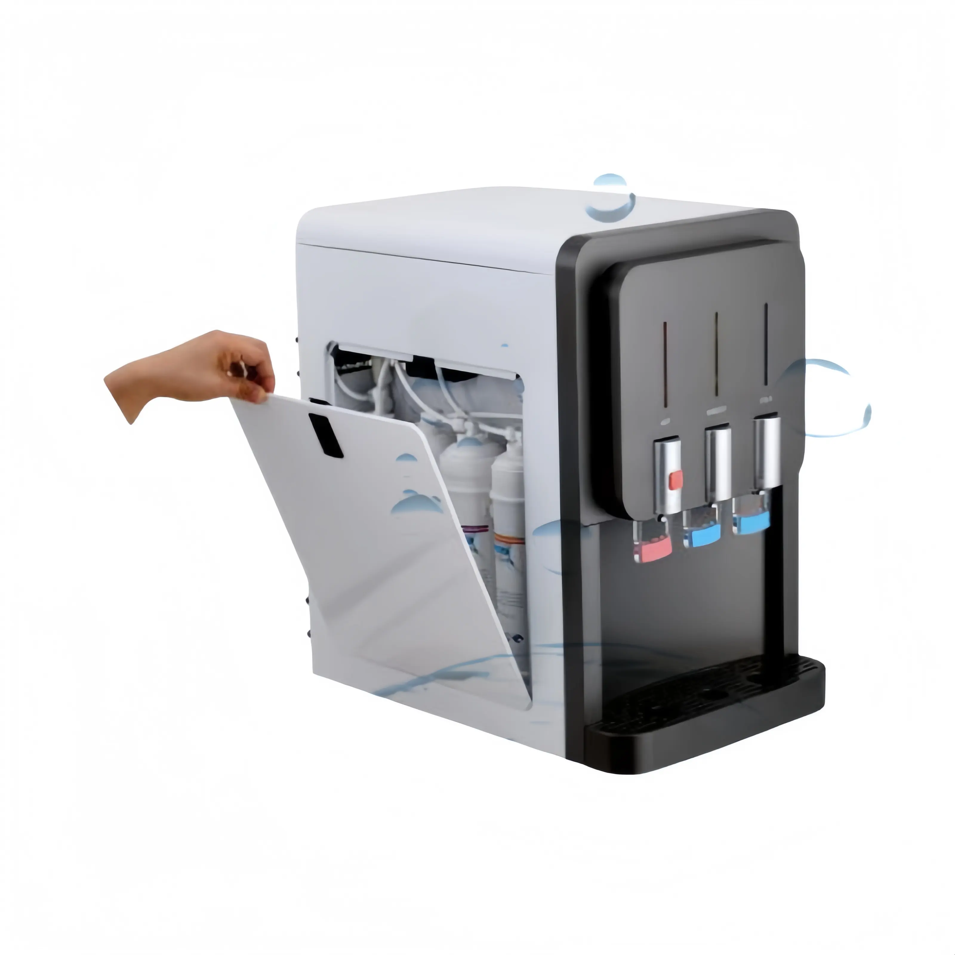 Touchscreen hot and cold water dispenser, quick filter change