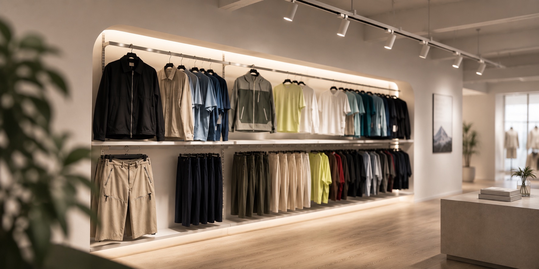 Finished garment display showroom with business straight pants & casual apparel