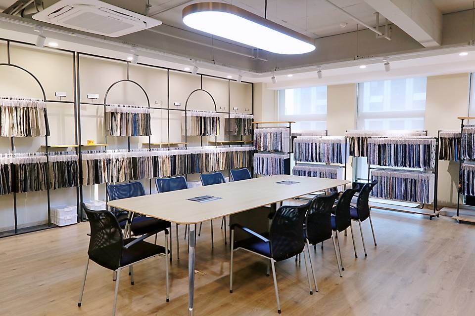 Fabric sample showroom with full range of textile swatches for clients to check
