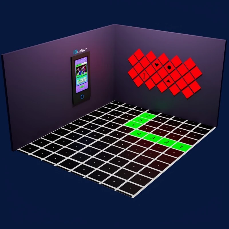 Anpassbare Indoor-Freizeitspiele: Escape Rooms mit interaktiver LED-Beleuchtung, Bodenpixelgitter und Herausforderungsspielen für Erwachsene.