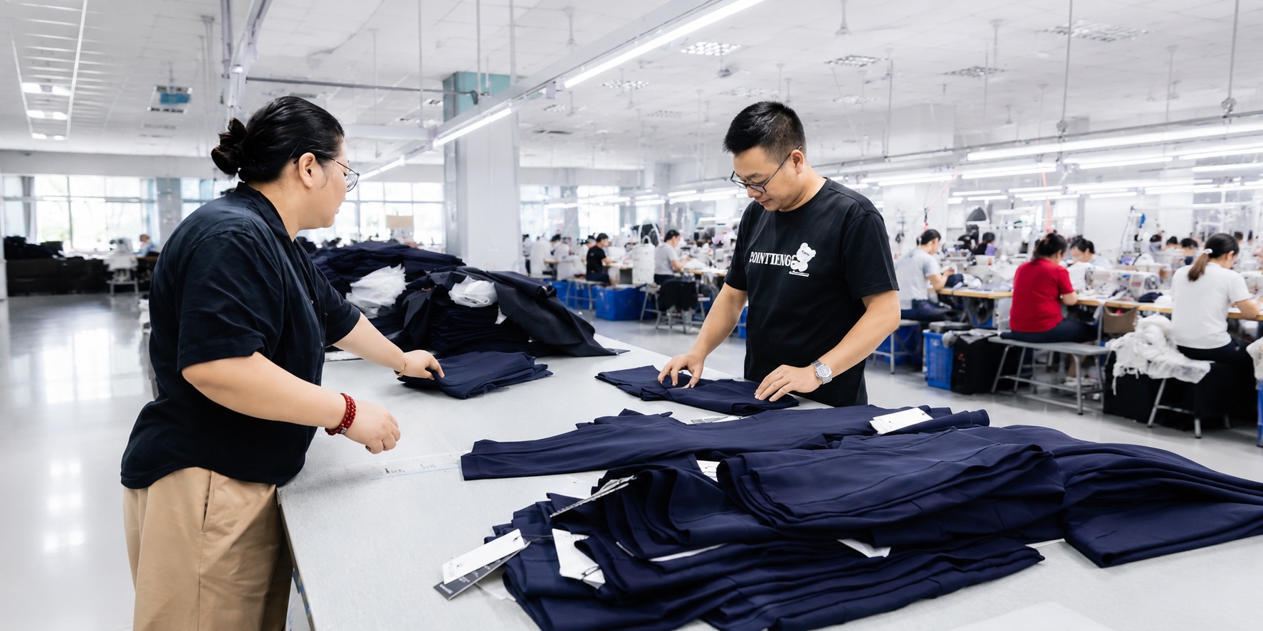 Two QC specialists inspecting finished navy woven trousers for size and sewing details before packing