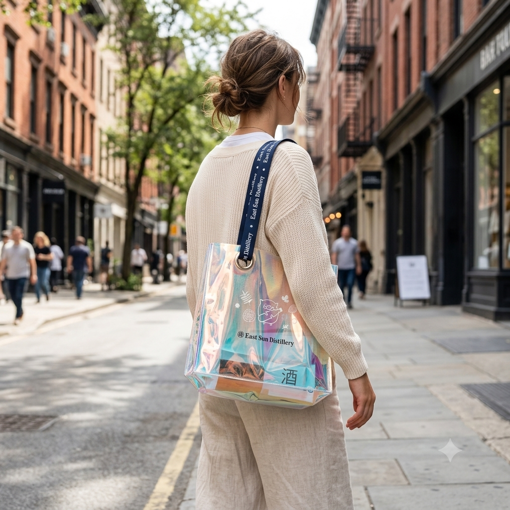 Sac cabas vierge en PVC irisé avec bandoulière personnalisée