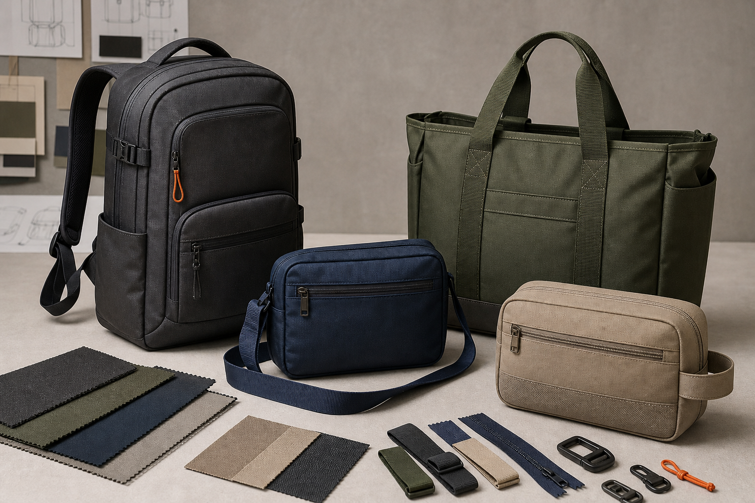 Collection de sacs personnalisés avec échantillons de tissus, sangles, fermetures éclair et accessoires