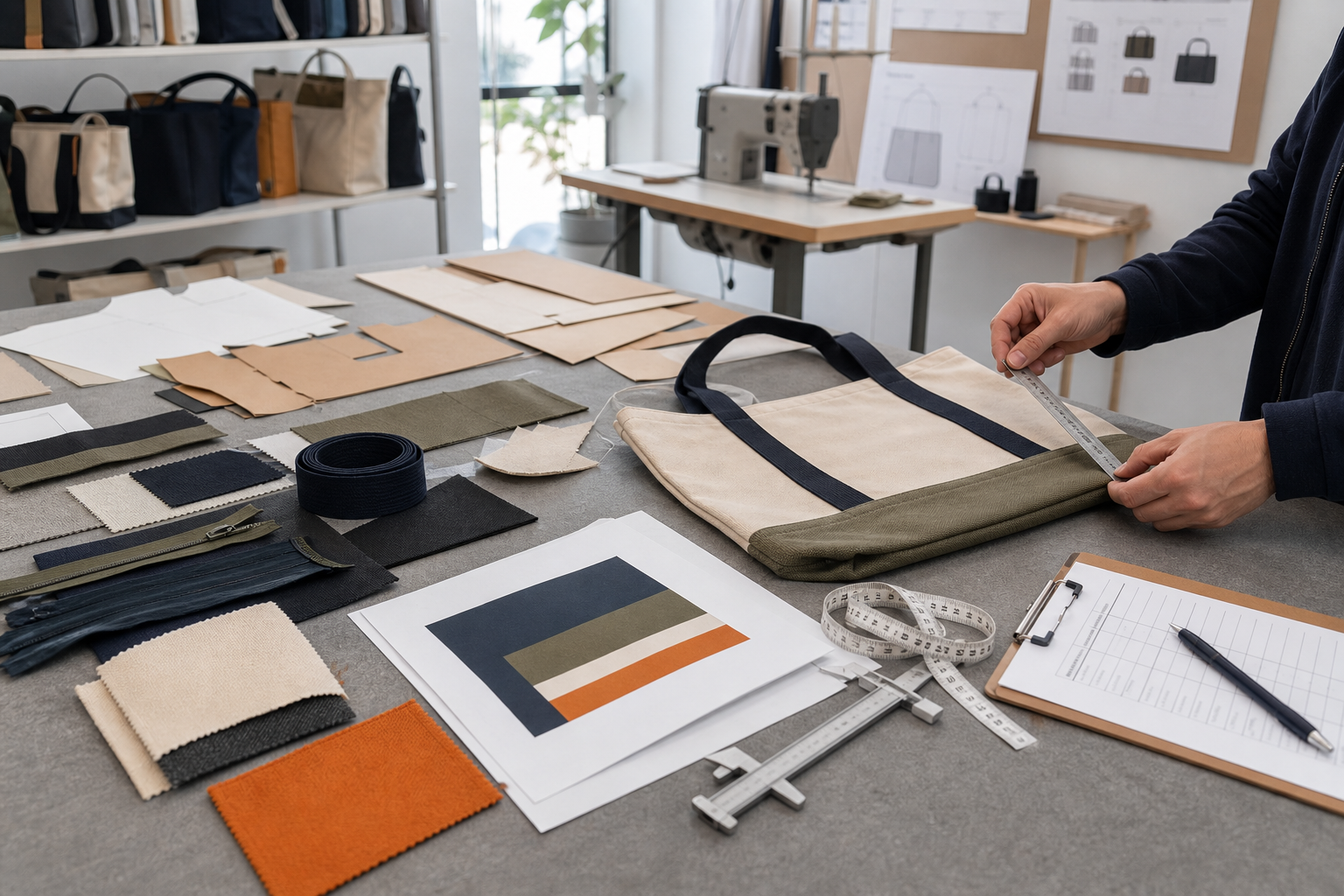 Custom bag product development with patterns, fabric swatches, trims and quality measurements