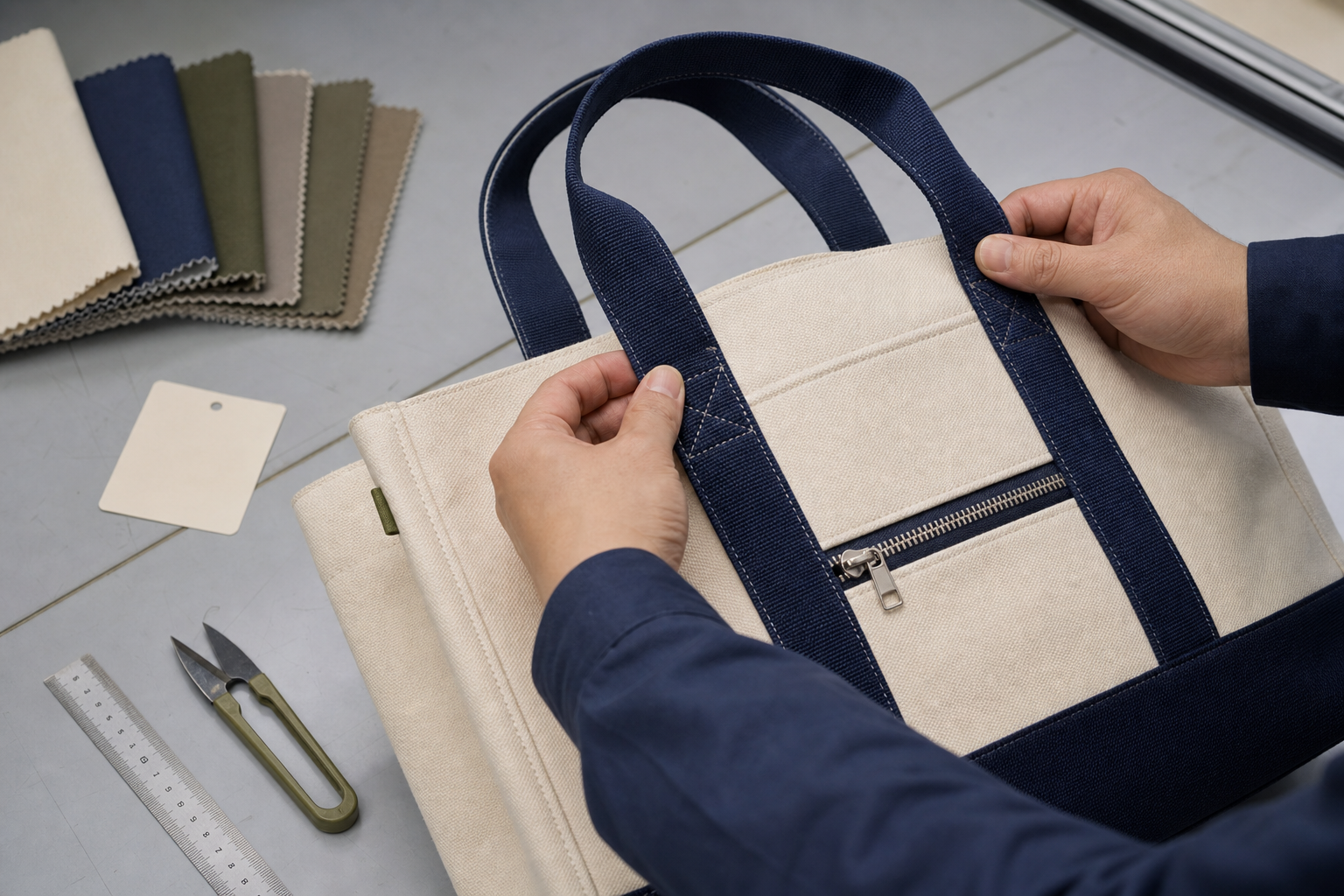 Quality inspector checking handles stitching and zipper on a custom canvas tote bag sample