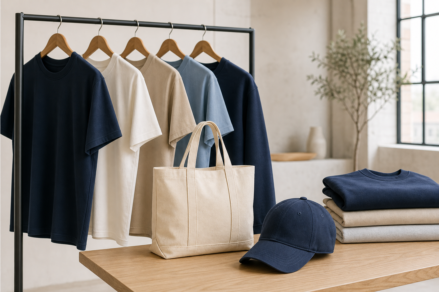 Des vêtements basiques assortis à des sacs fourre-tout personnalisés et des casquettes de marque pour une collection capsule.