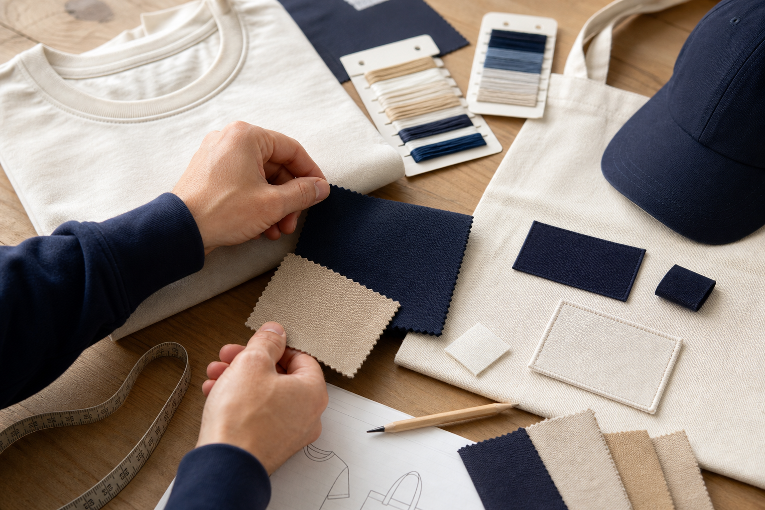 Échantillons de matières et de décoration pour la coordination des vêtements basiques, des sacs et des casquettes personnalisés