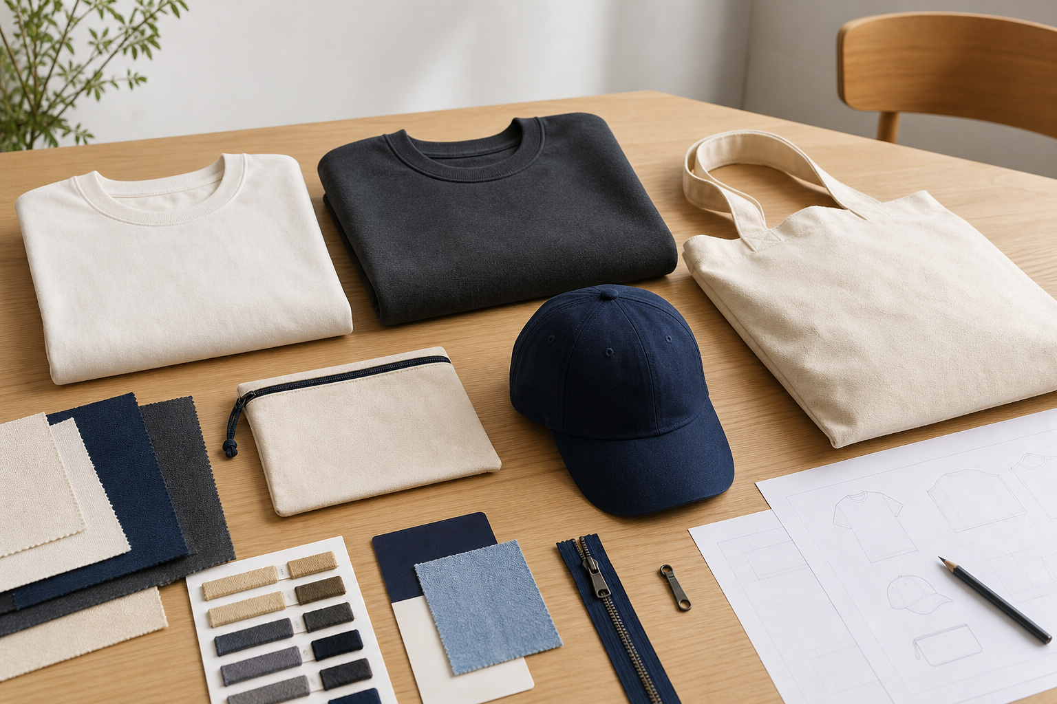 Vêtements basiques, sac fourre-tout personnalisé, casquette et pochette, le tout agencé pour former une collection de produits coordonnée.