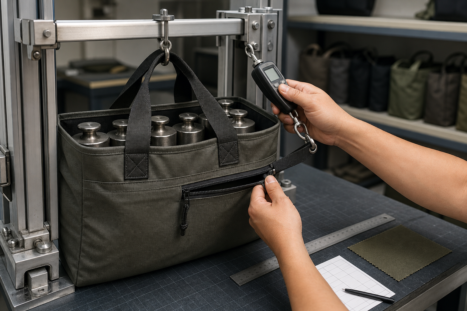 Custom Bag Prototype functional testing for handle load, reinforcement and zipper operation