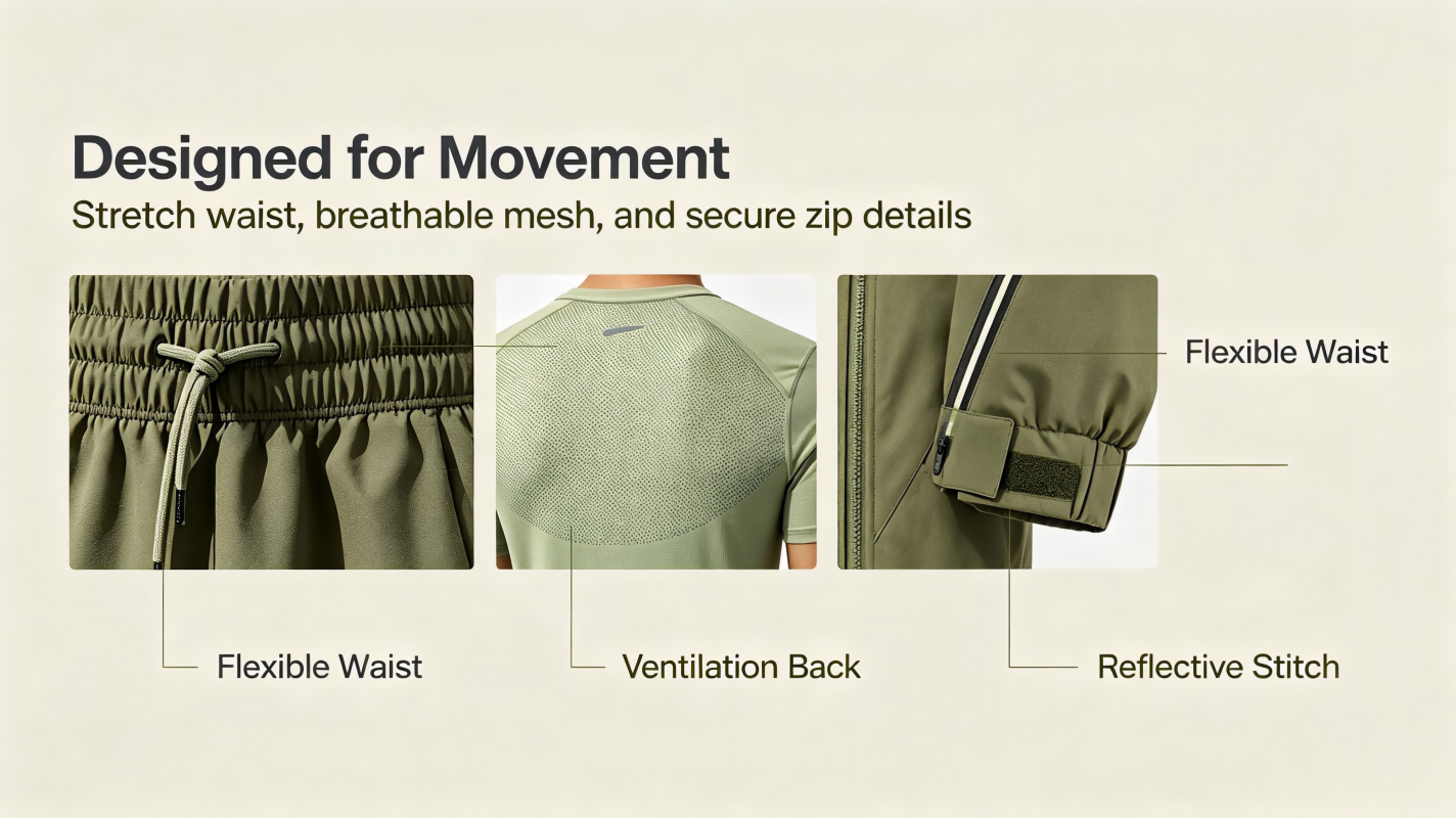 Detail infographic of functional activewear including elastic waist, back ventilation mesh, cuff fastener, zipper pocket and reflective stitching