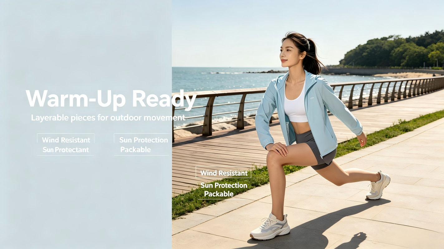 Female doing warm-up stretch on coastal boardwalk wearing windproof sun protective packable custom activewear hooded jacket