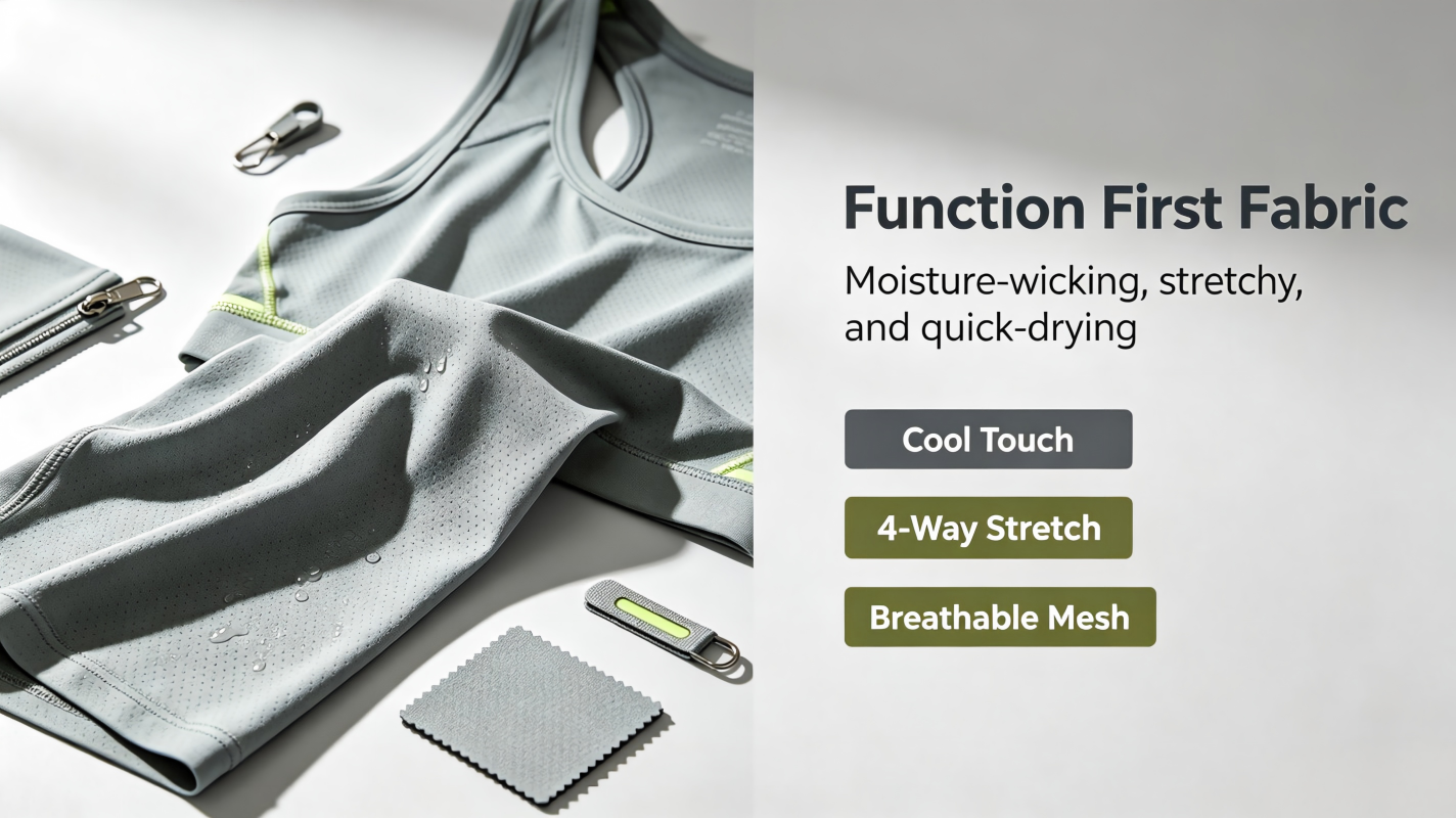 Close-up of moisture wicking breathable mesh functional fabric for custom activewear tank top, showing water repellent performance