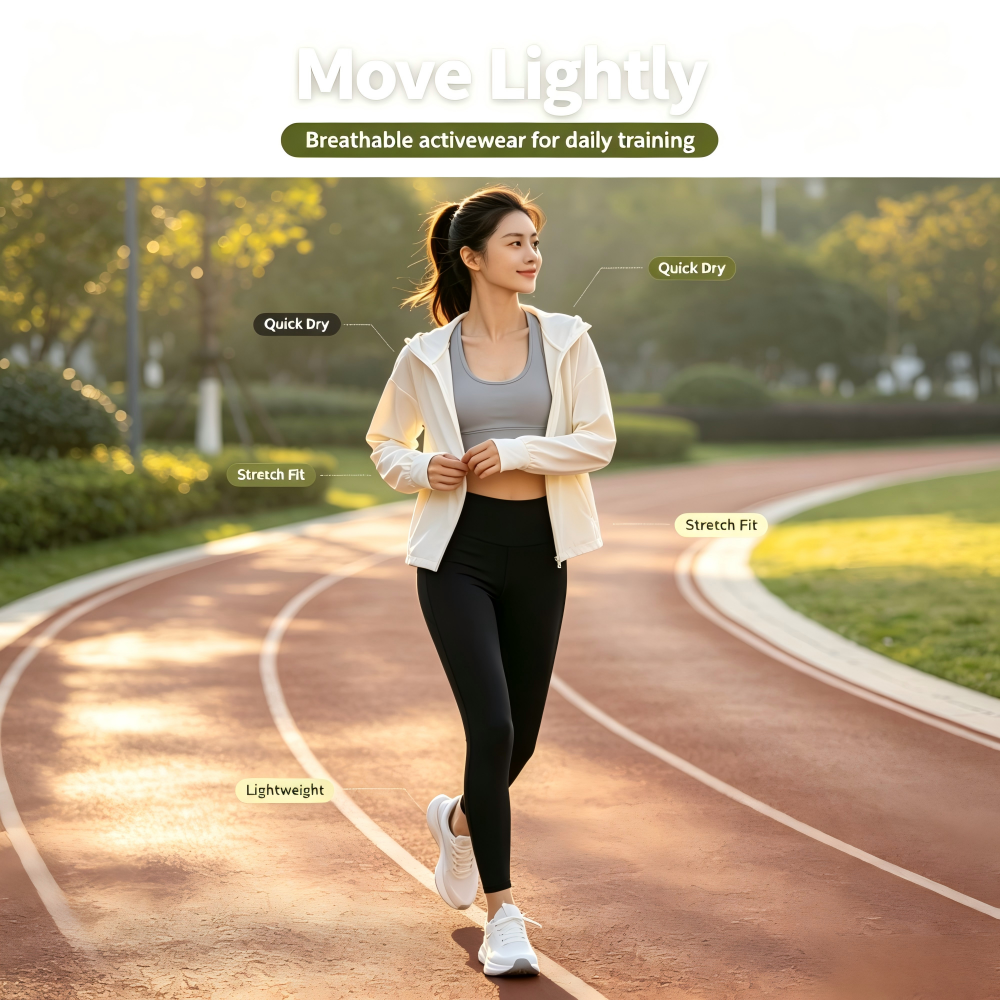 Woman running on outdoor track wearing quick dry stretch lightweight custom activewear jacket and leggings for daily workout