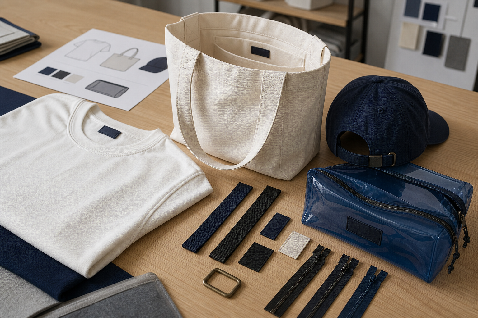 Vêtements de base, sac fourre-tout en toile, casquette et organiseur transparent : détails fonctionnels et de fabrication.