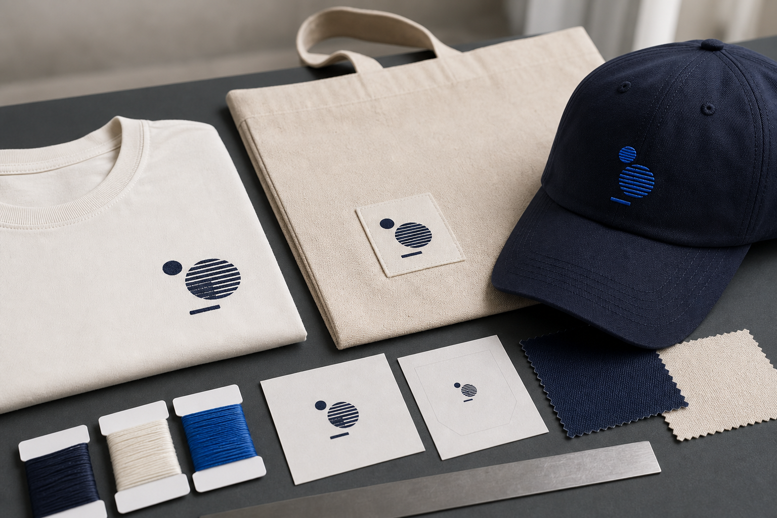 Peças básicas, sacola de lona e boné personalizado comparados com estampas coordenadas, etiquetas tecidas e bordados.
