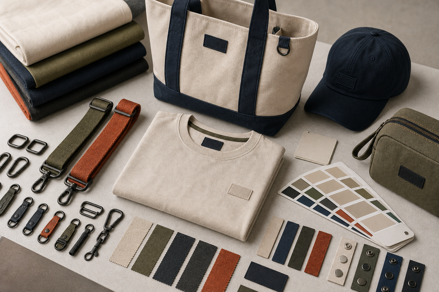 Conjunto modular de vestuário básico com bolsas, bonés, alças e componentes compartilhados personalizados.