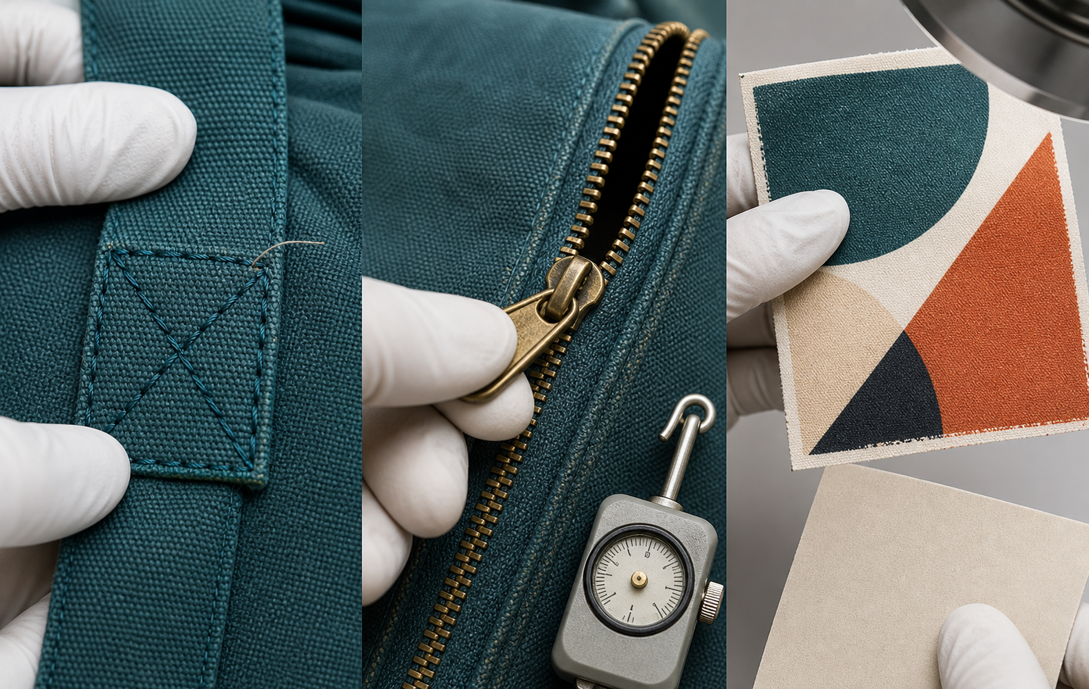 Custom Bag Quality Control review of reinforcement stitching zipper operation and printed fabric