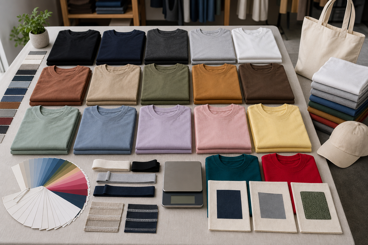 Variedade de coleção de camisetas básicas de 20 cores e análise de qualidade de decoração