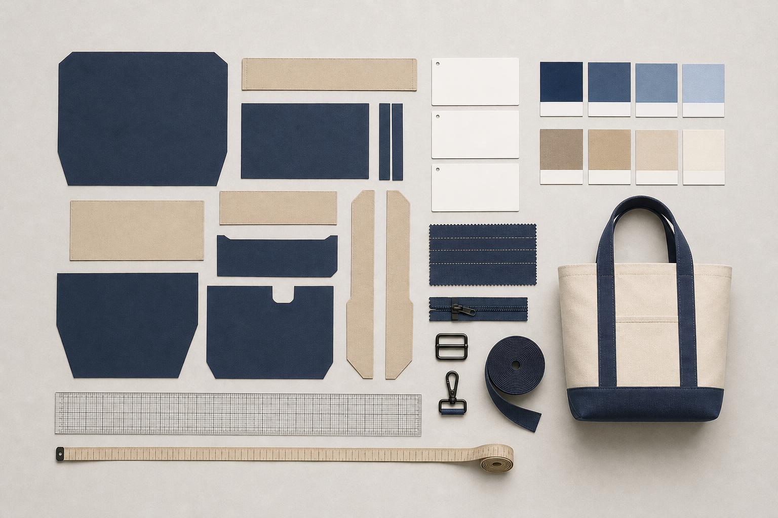 Custom bag tech pack components including pattern pieces measurements color swatches zipper webbing and hardware