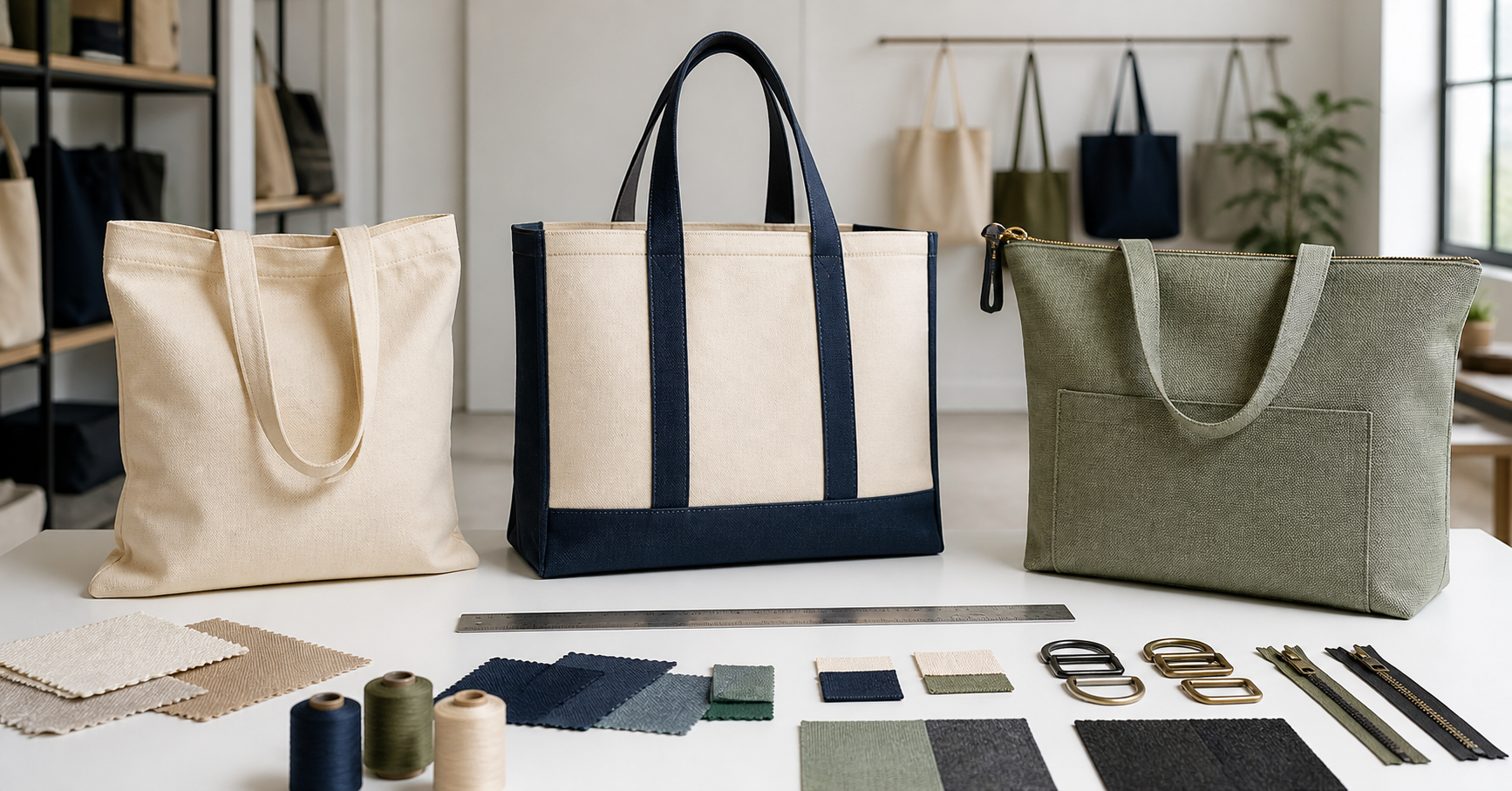 Buyer comparing cotton canvas recycled and zip tote prototypes when choosing a tote bag manufacturer