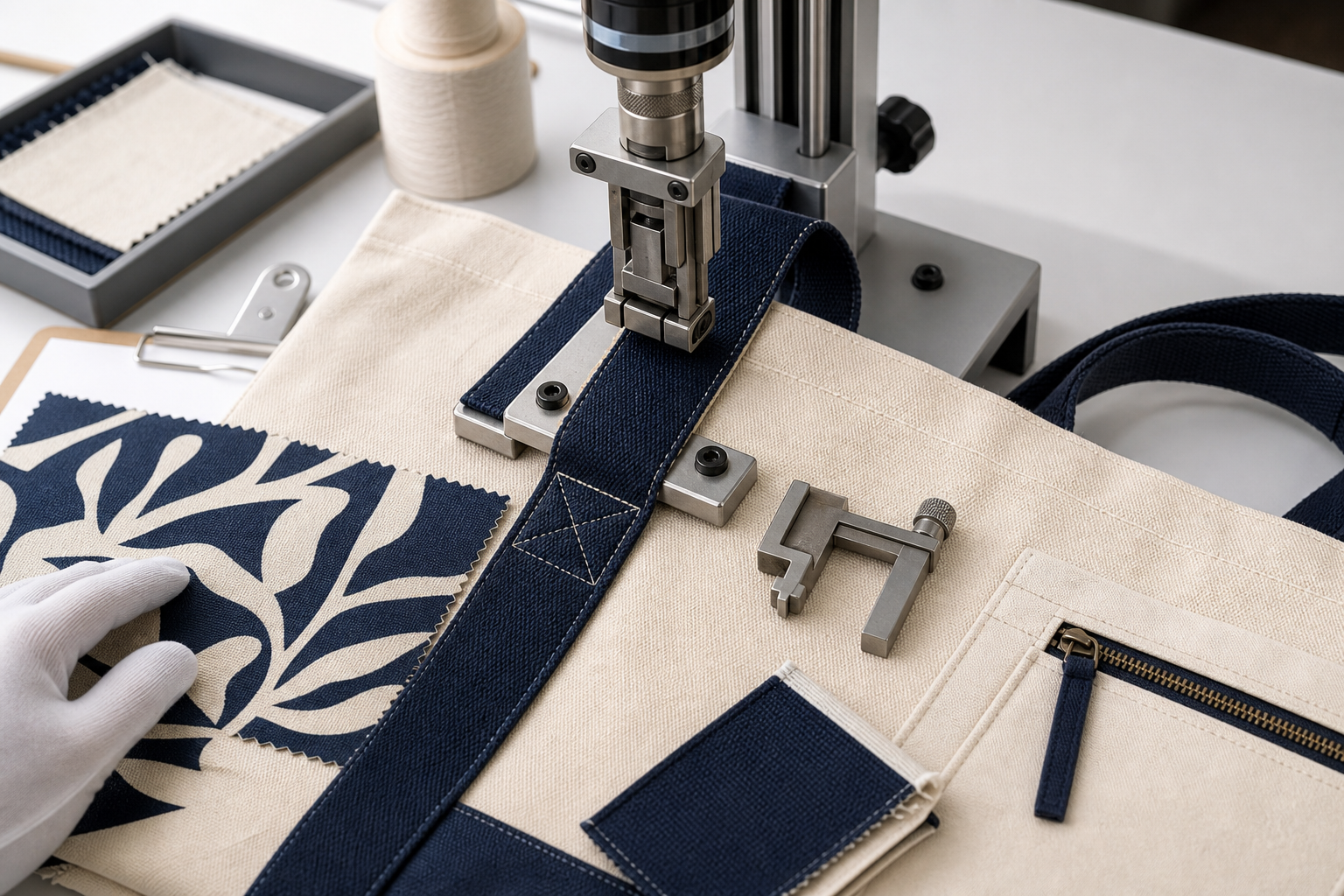 Tote bag manufacturer quality evaluation with handle pull test seam gauge print swatch and zipper inspection