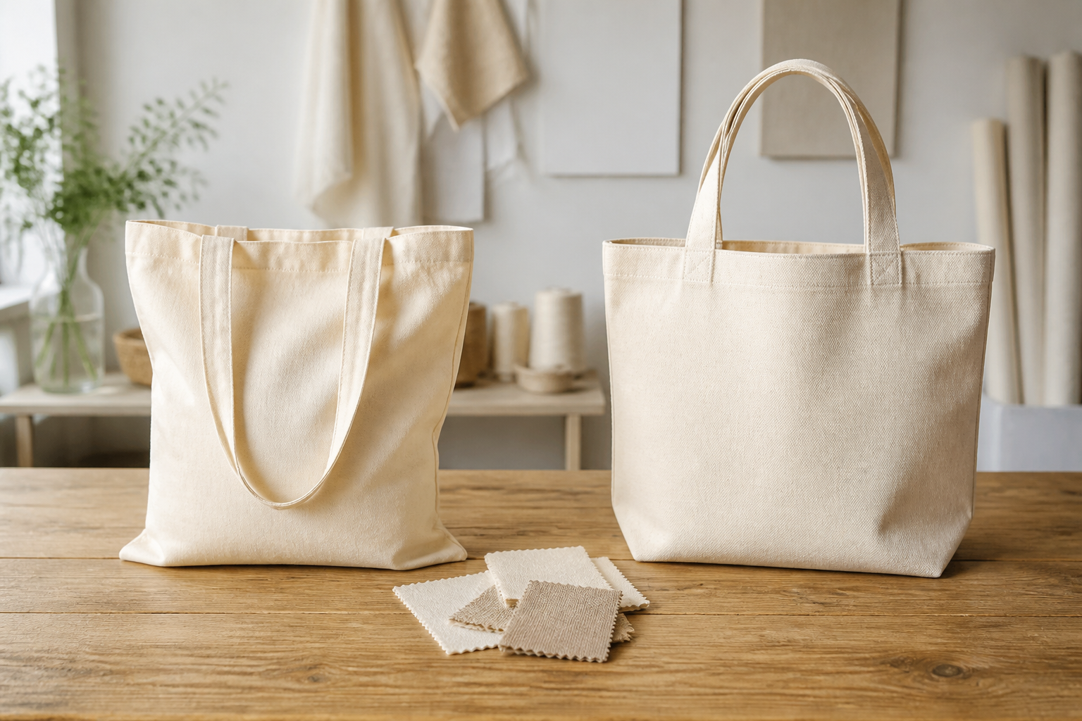 Canvas vs cotton tote bags shown side by side with lightweight drape and structured cotton canvas