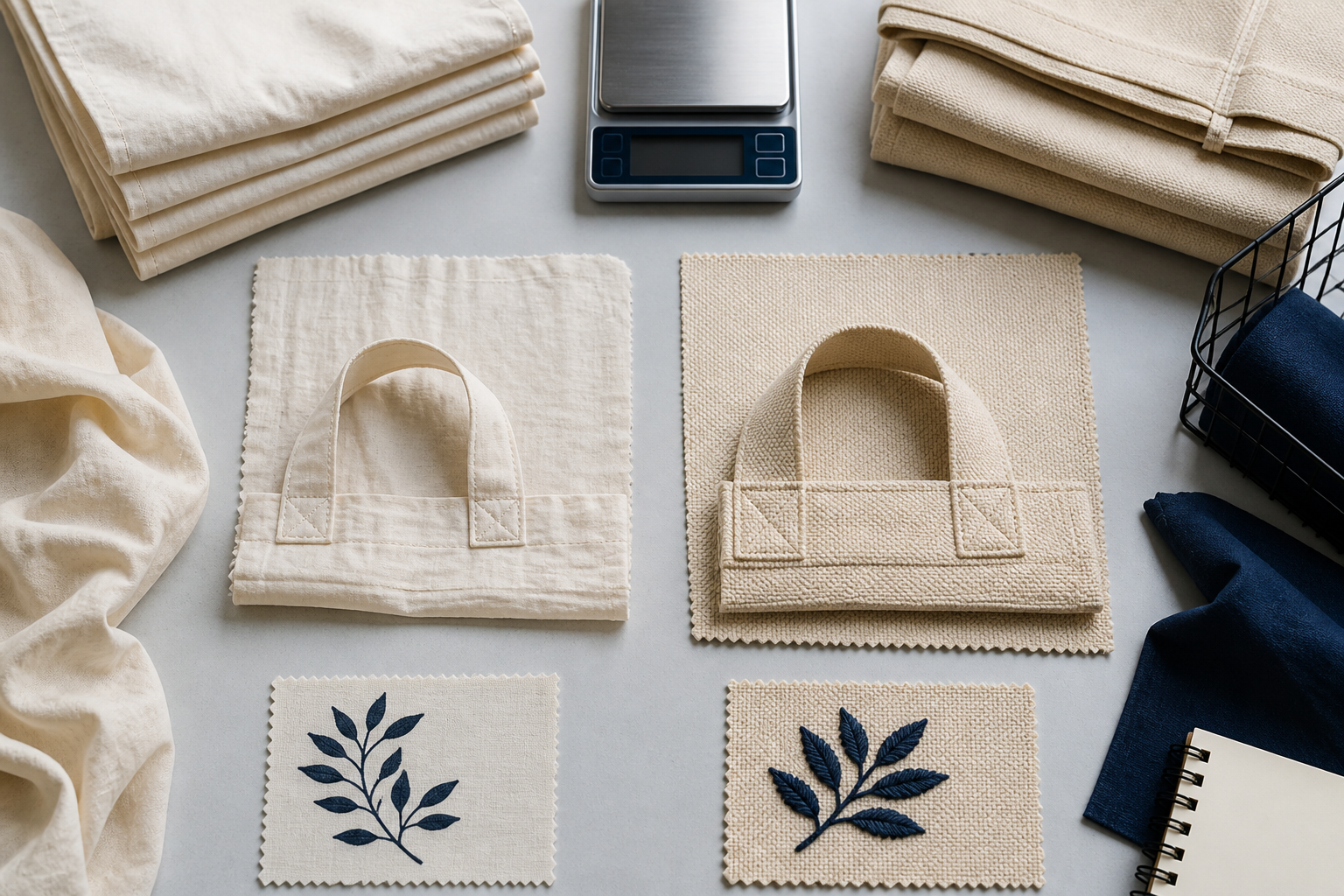 Canvas and cotton tote material comparison with fabric weight packing screen print and embroidery samples