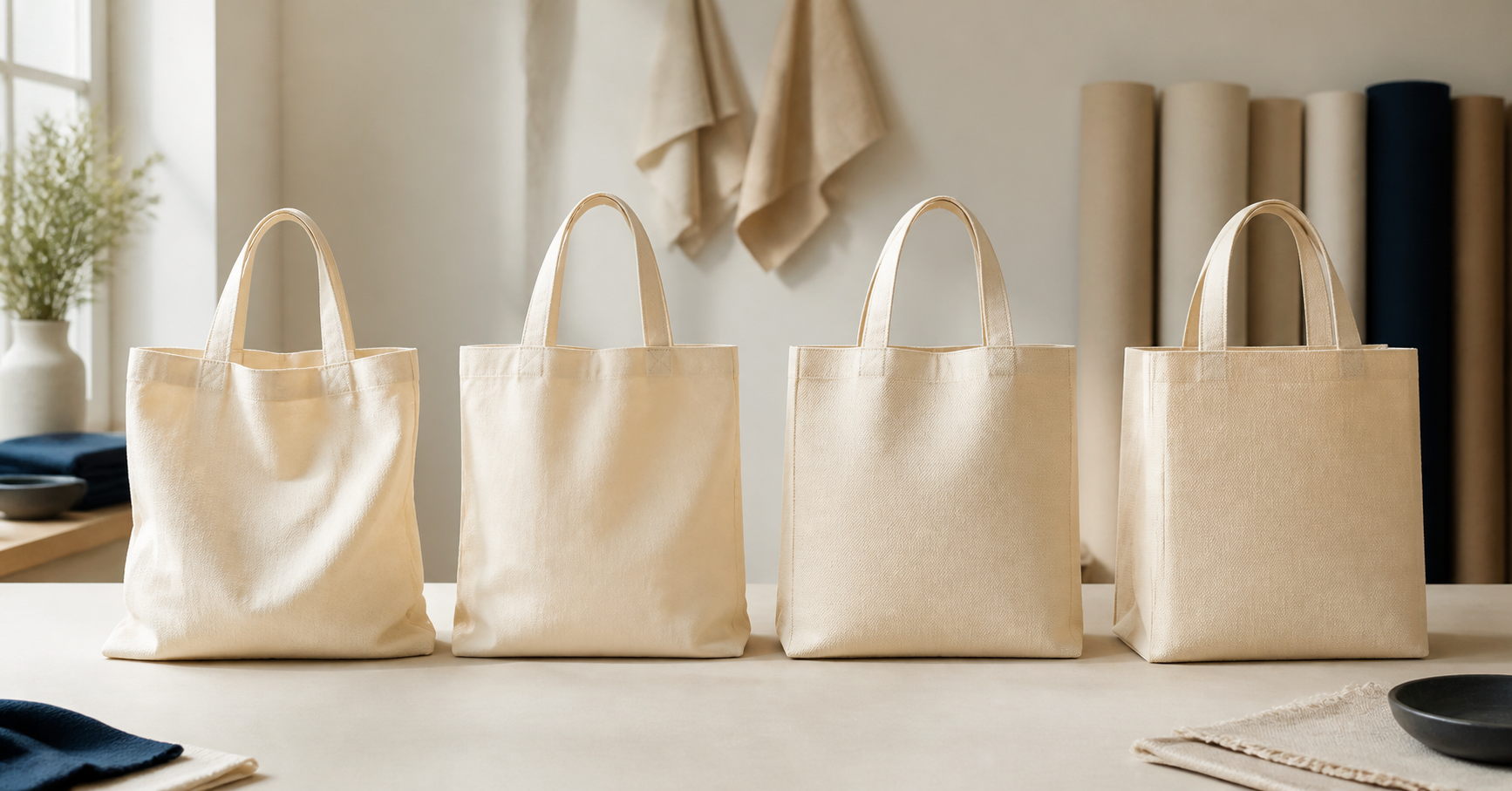Four custom tote bag prototypes showing the change from lightweight drape to heavyweight structure