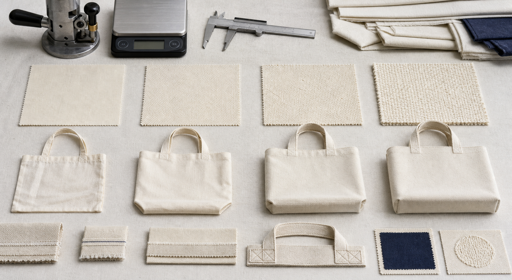 Custom tote bag fabric weight sampling board with GSM cutter scale swatches and progressively structured tote prototypes