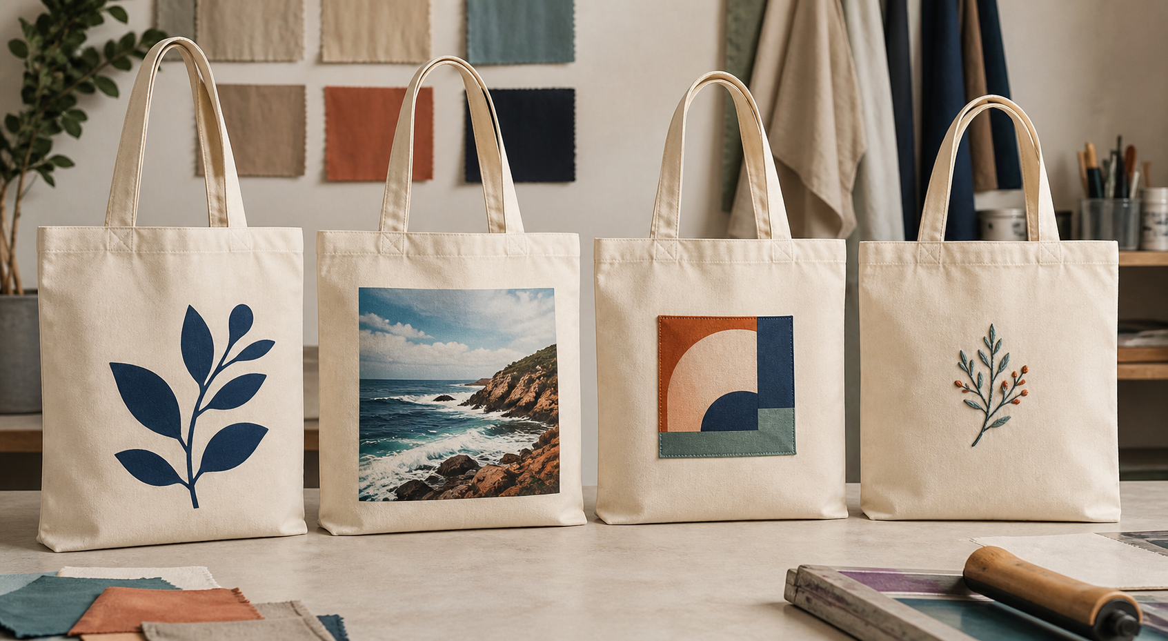 Four custom canvas tote bags demonstrating screen print digital print applied transfer and embroidery