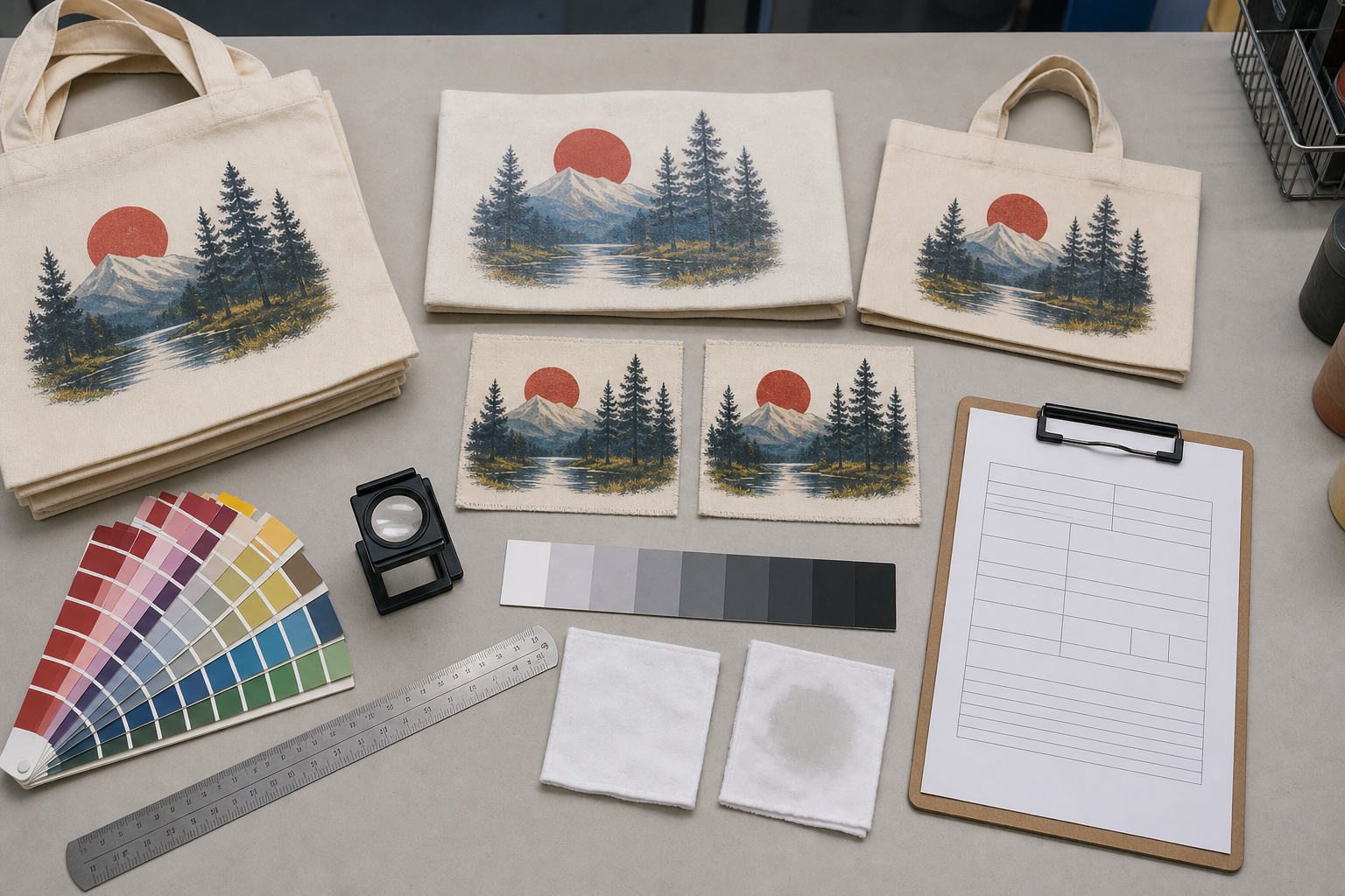 Tote bag print quality inspection bench with printed samples color chips magnifier ruler and rubbing cloths