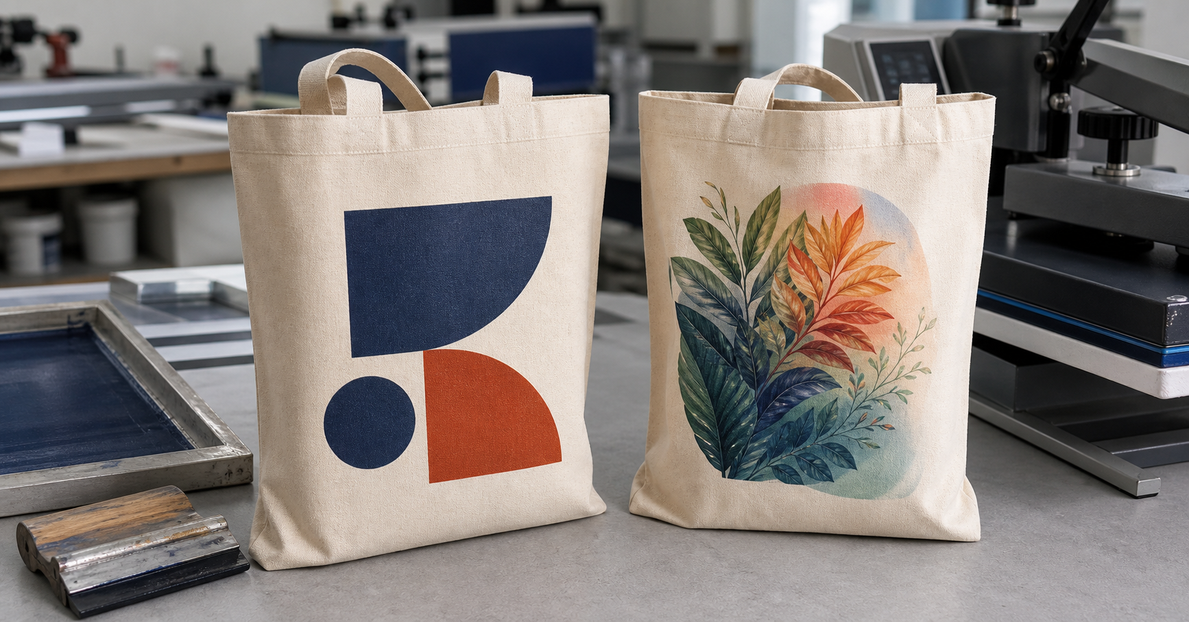 Side-by-side custom tote bags showing a bold screen print and a detailed heat transfer graphic