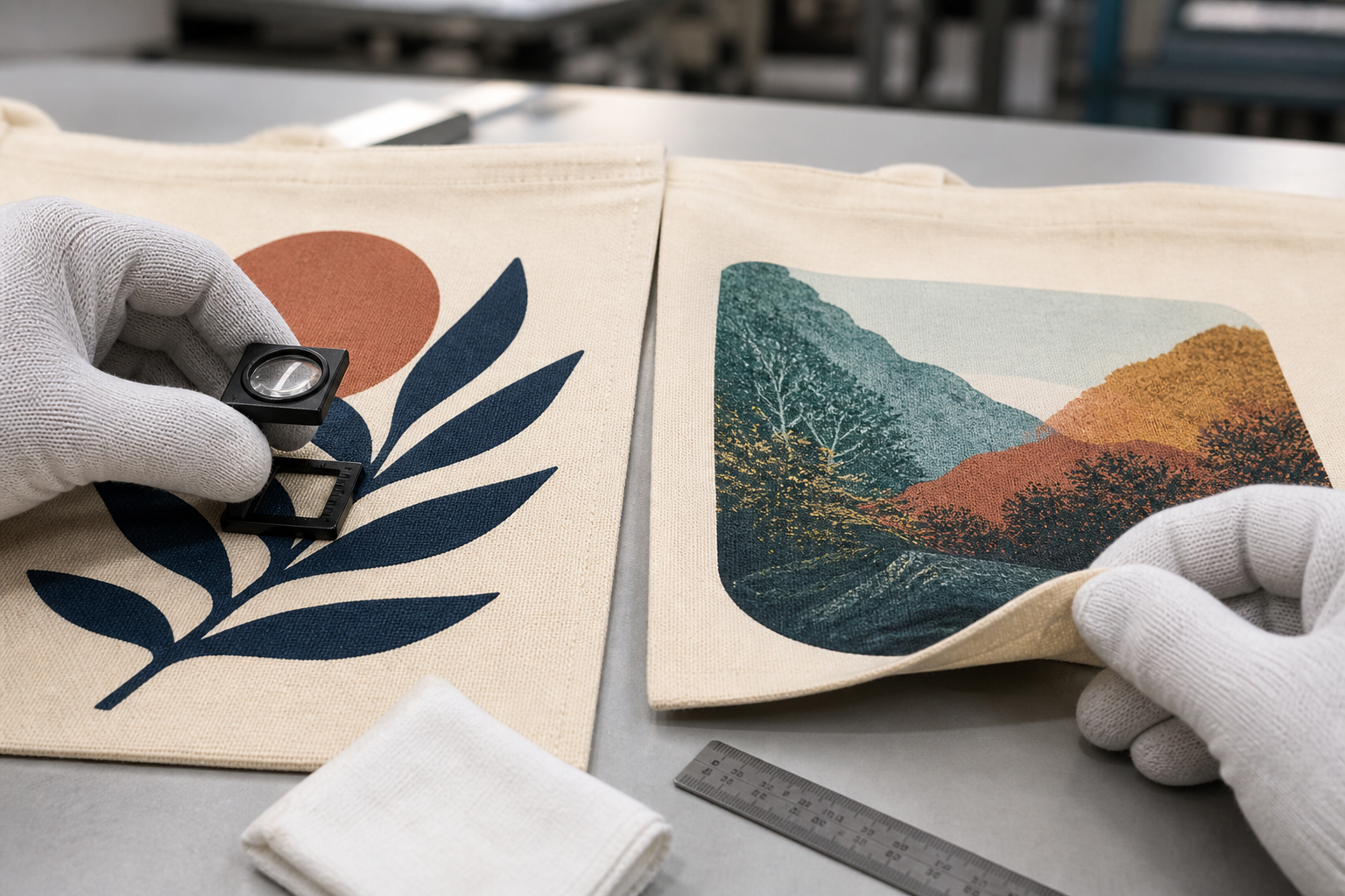 Tote bag print inspection comparing screen print coverage with heat transfer edges and flexibility