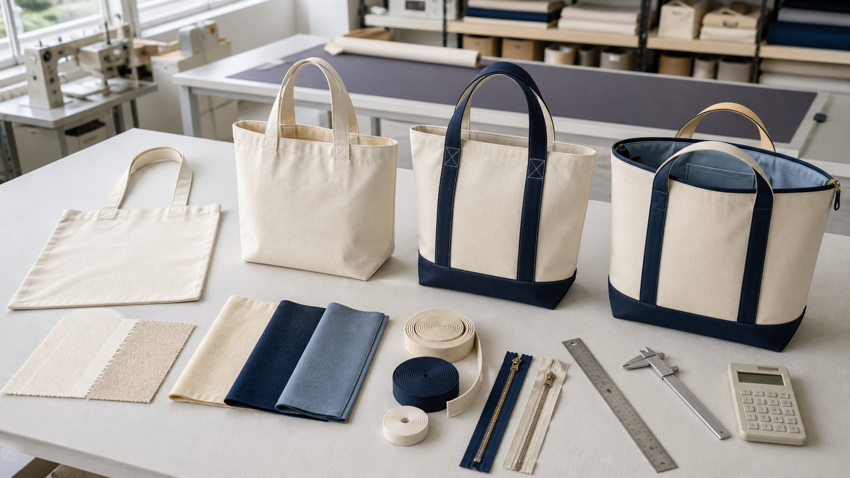 Four custom tote bag constructions arranged from a simple cotton tote to a structured zip-top canvas tote