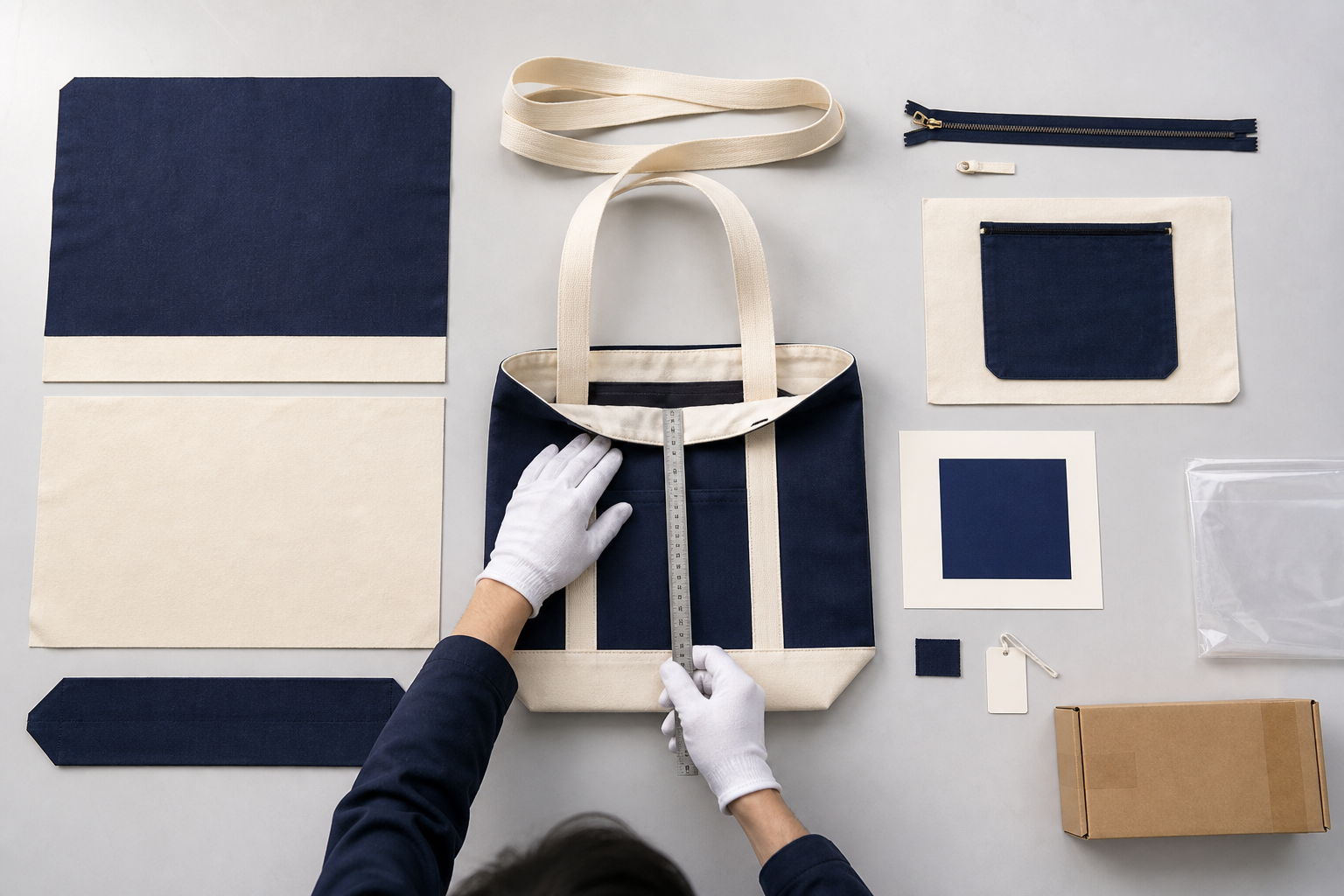 Custom tote bag components including outer panels lining handles zipper pocket label packaging and measurement tools