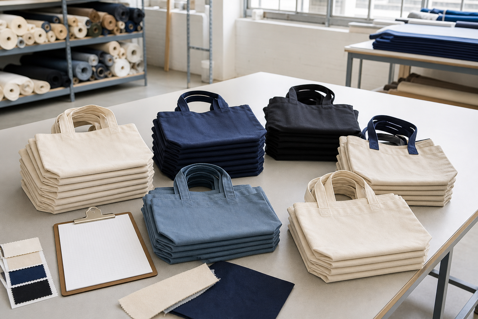 Custom tote bag production batches grouped by fabric color for MOQ planning