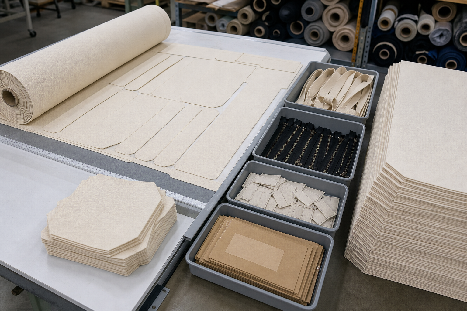Canvas roll, tote panels, webbing, zippers and labels prepared for MOQ allocation