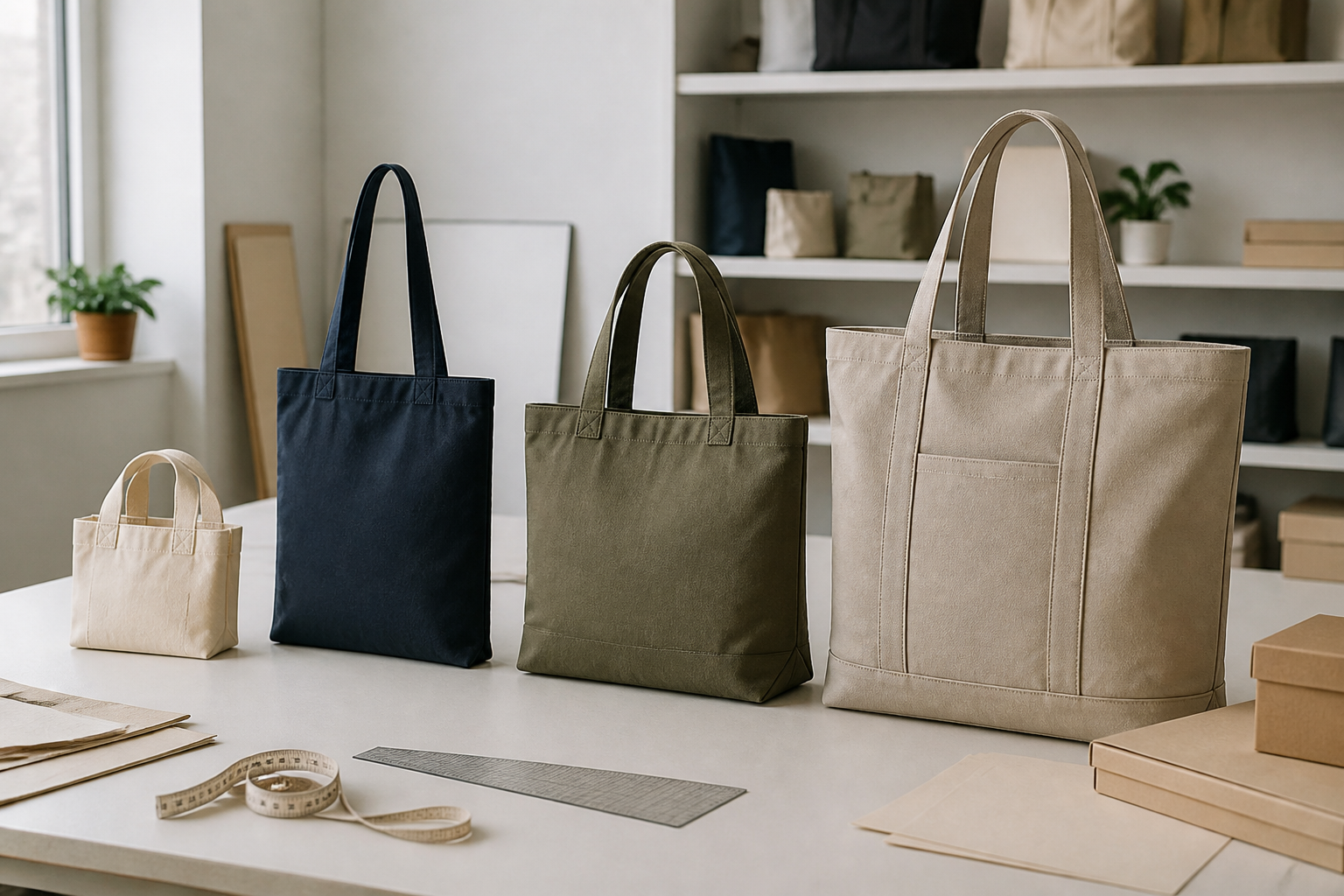 Four retail tote bag prototypes in different sizes arranged for dimension planning