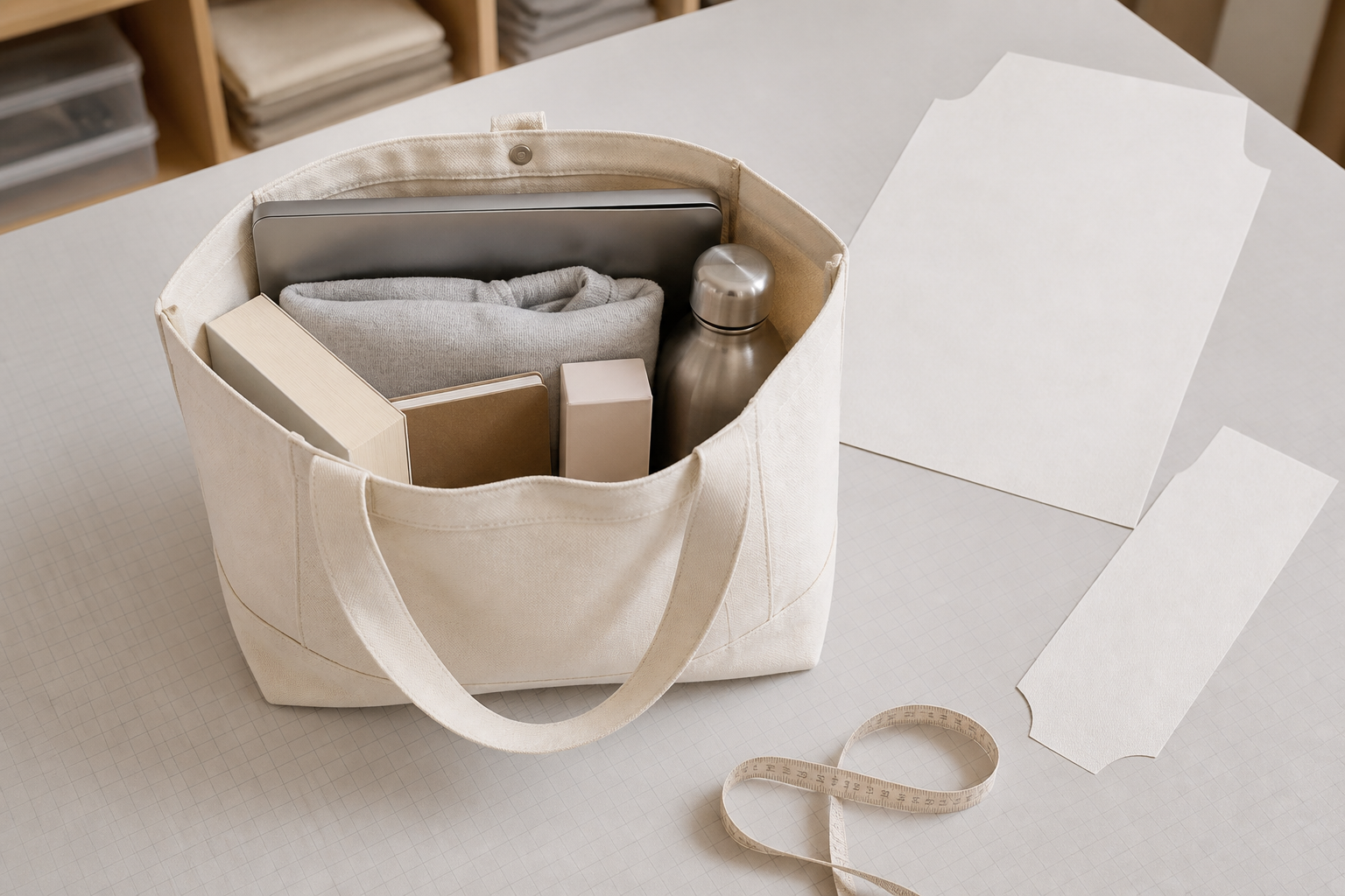 Retail merchandise load-fit test inside a gusseted custom tote bag