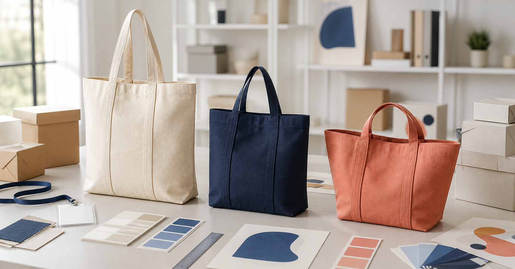 Promotional tote bag prototypes reviewed with color swatches packaging and campaign materials