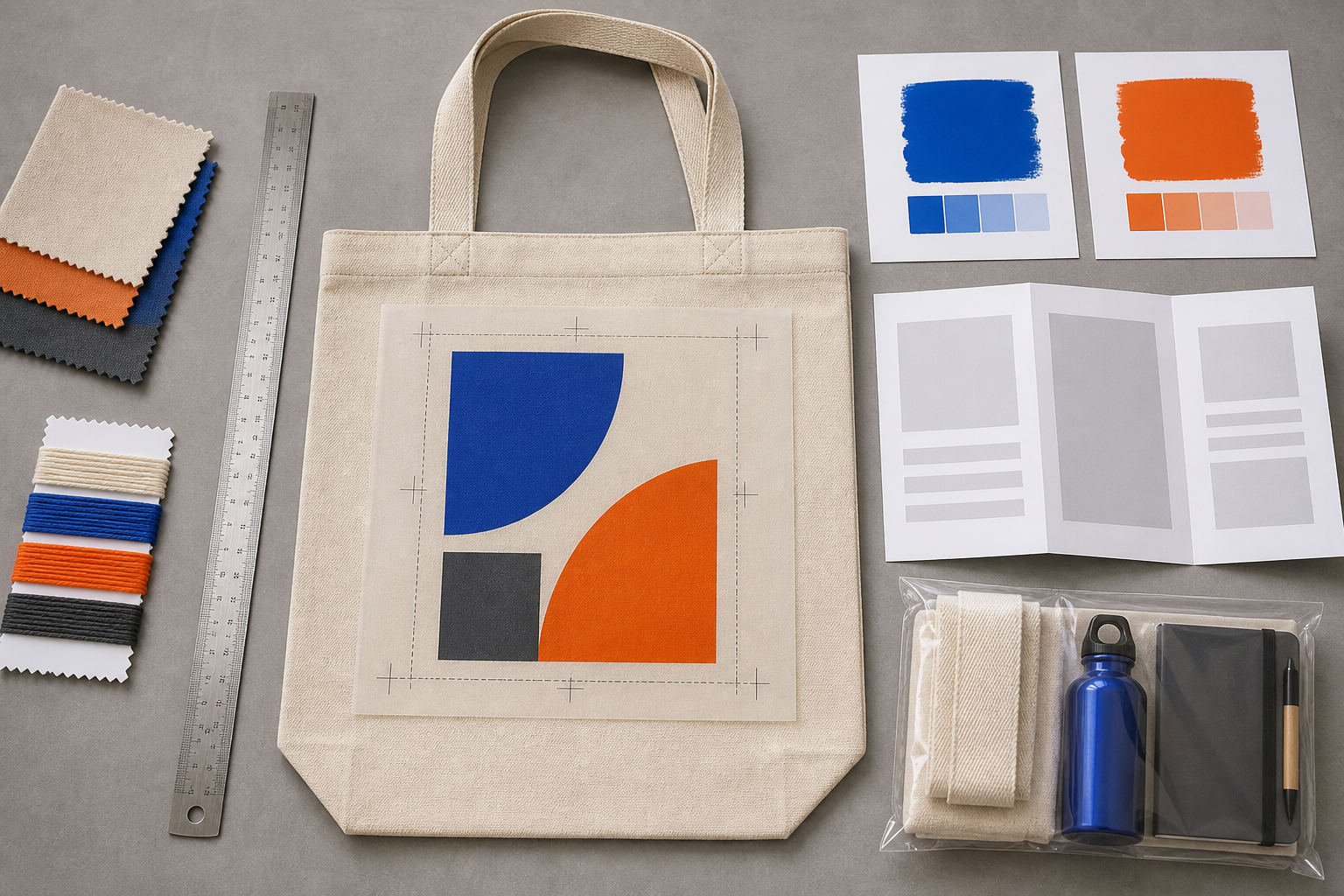 Promotional tote artwork approval layout with safe margins fabric swatches and giveaway kit