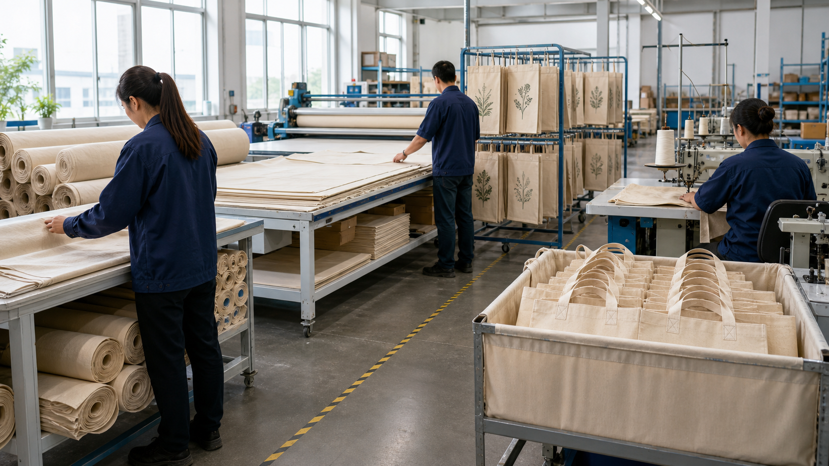 Reusable tote bag manufacturing floor with fabric inspection cutting sewing and finished bags