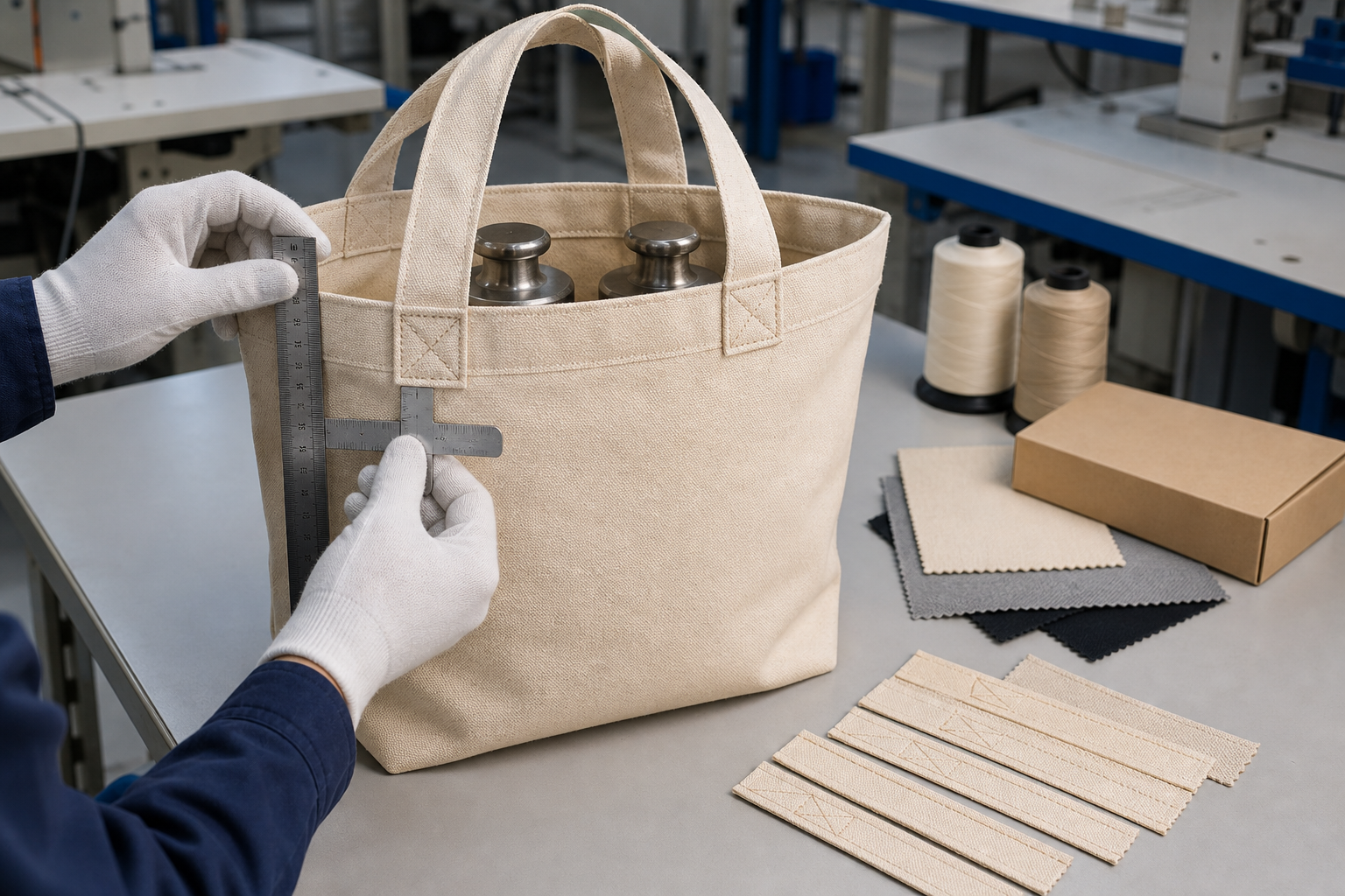 Reusable canvas tote handle reinforcement and loaded seam quality inspection