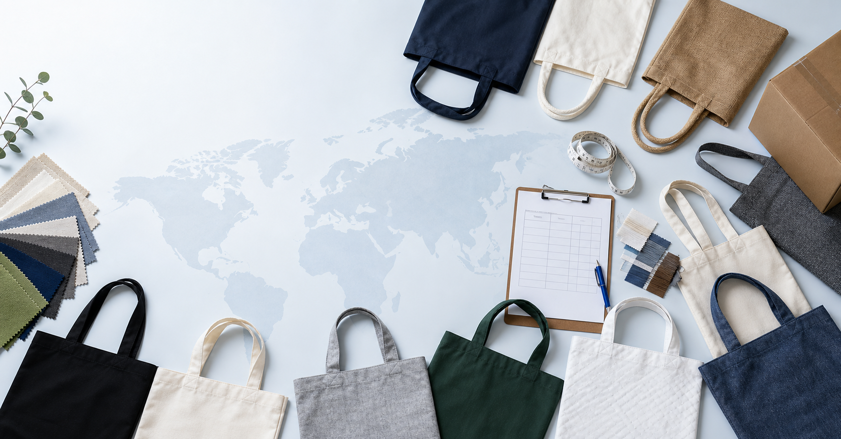 Global sourcing desk comparing ten custom tote bag manufacturers worldwide