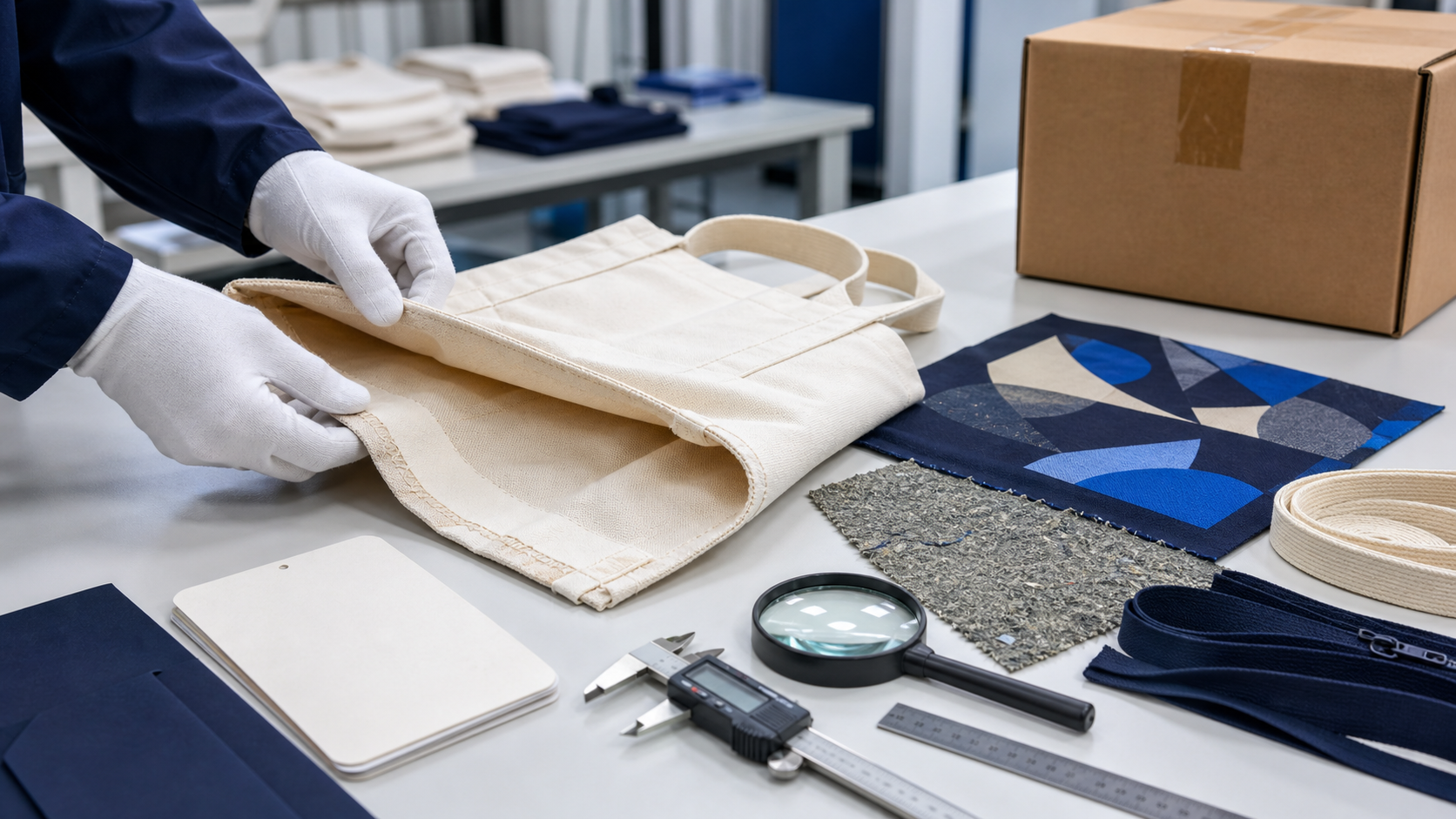 Quality reviewer checking tote bag seams fabric print components and export packing