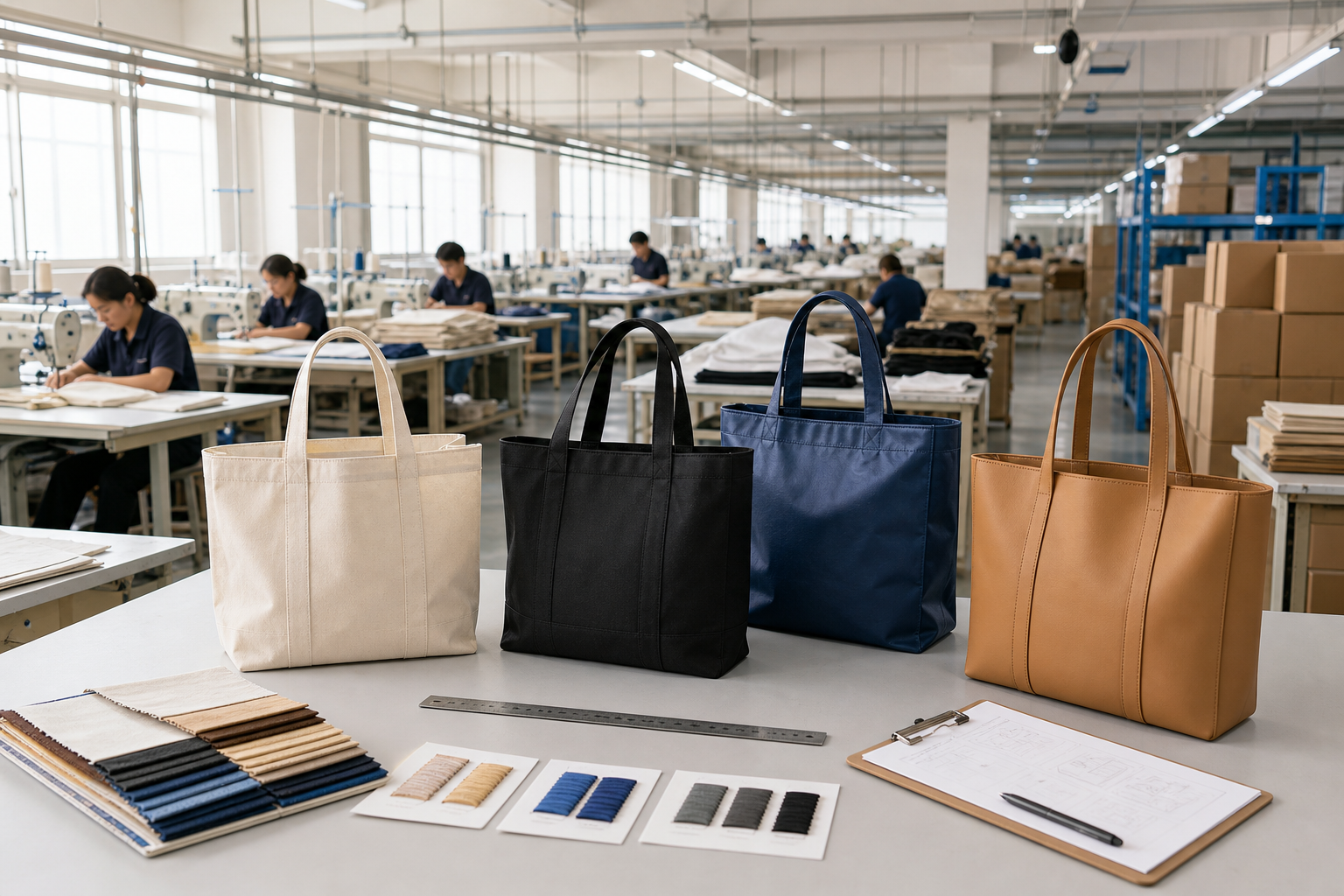 Tote bag manufacturers in China compared through material samples and factory production