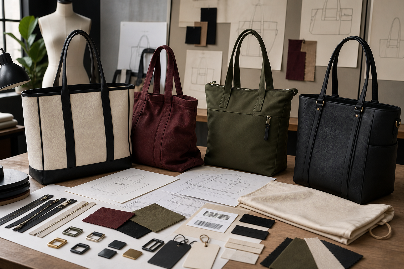 Private label fashion tote bag manufacturers compared with design sketches premium fabrics labels hardware and retail packaging