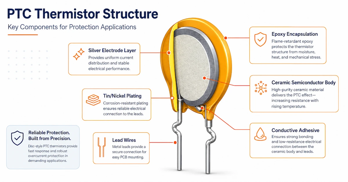 PTC thermistor structure and components
