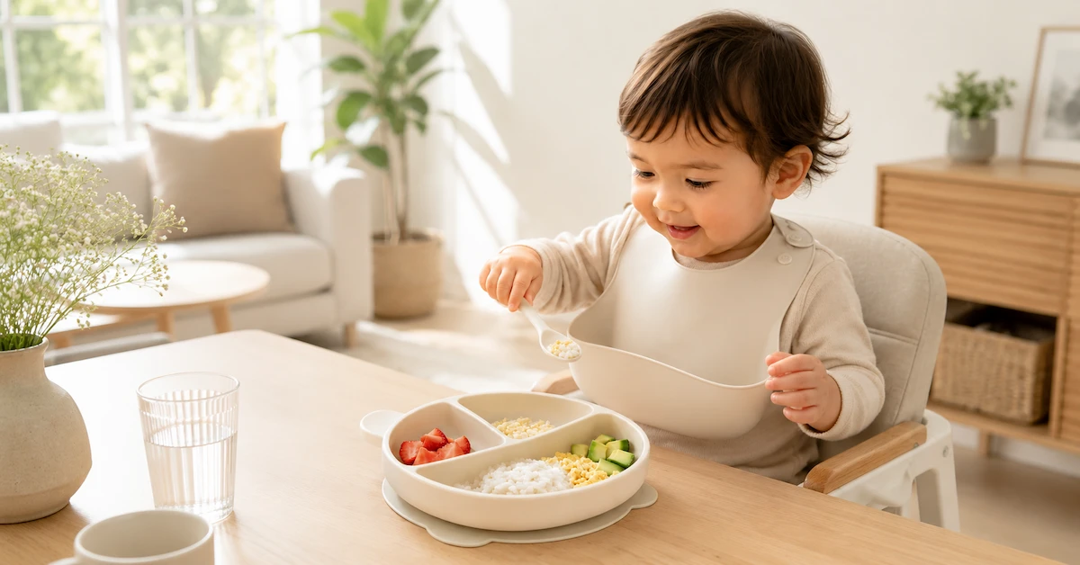 Baby using silicone suction plate at mealtime