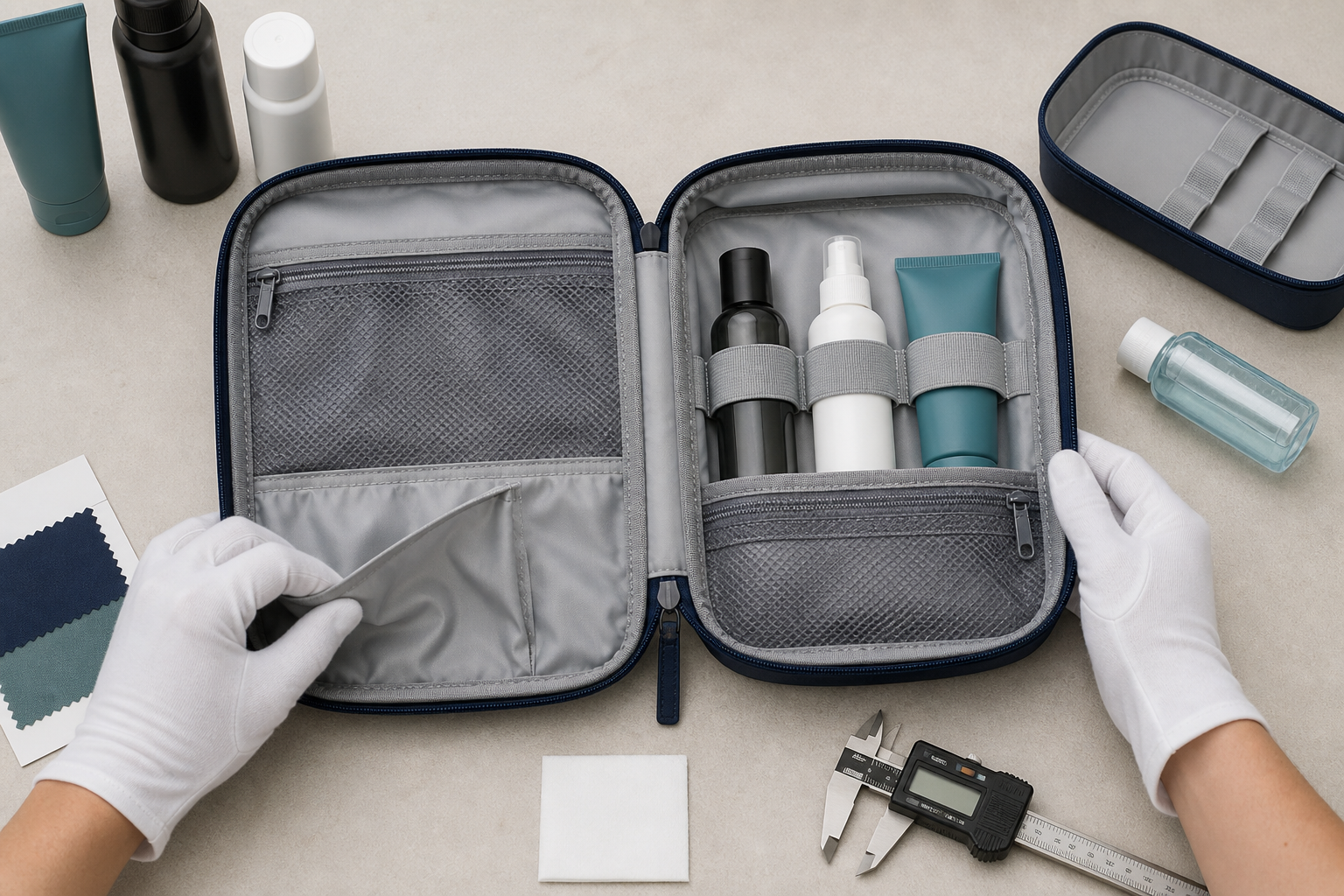 Cosmetic bag manufacturer quality review of lining seams compartments zipper and bottle fit